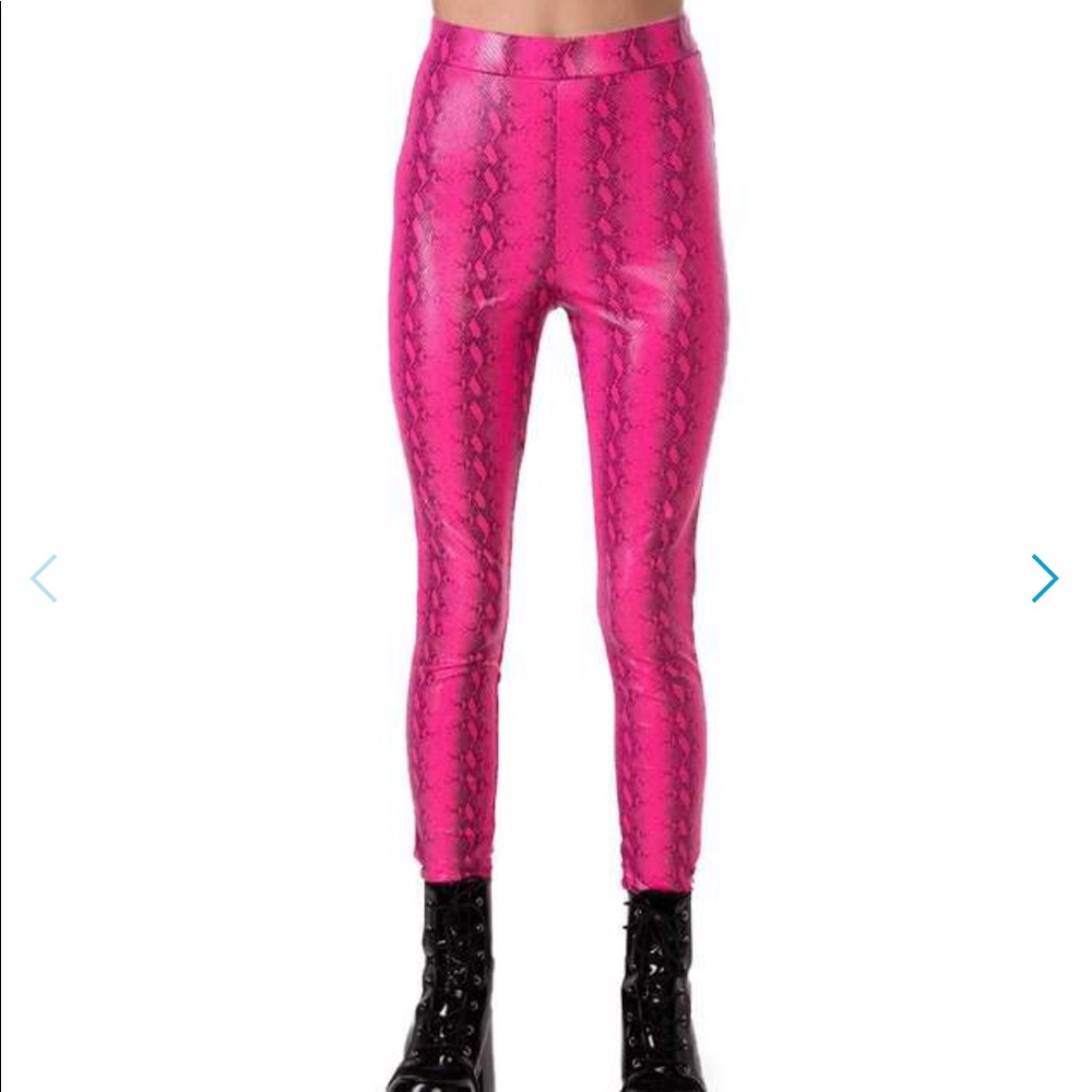 Iheartraves Pink Faux Leather Snakeskin Leggings